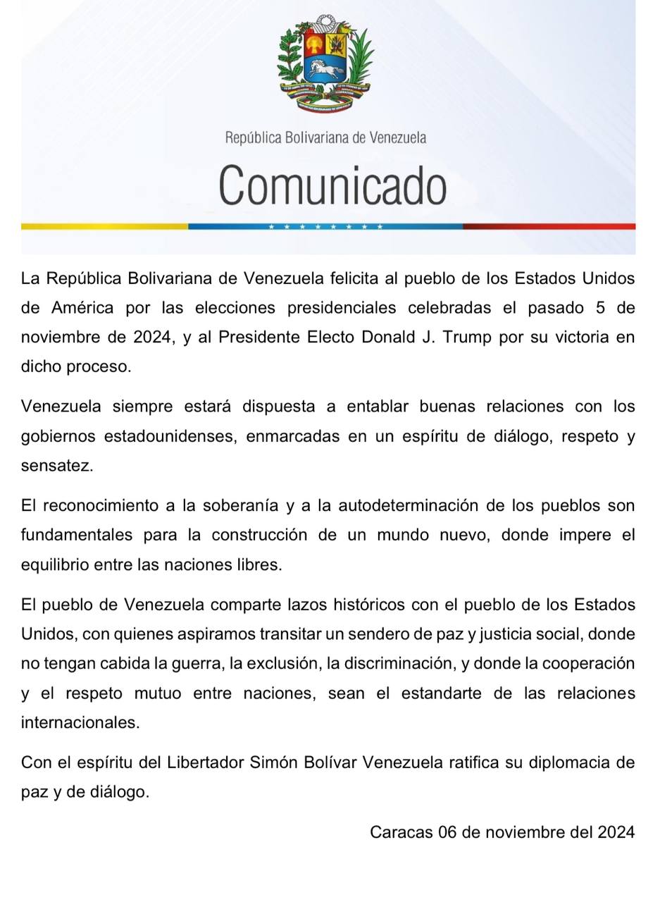 Venezuela extiende sus felicitaciones al presidente Donald Trump
