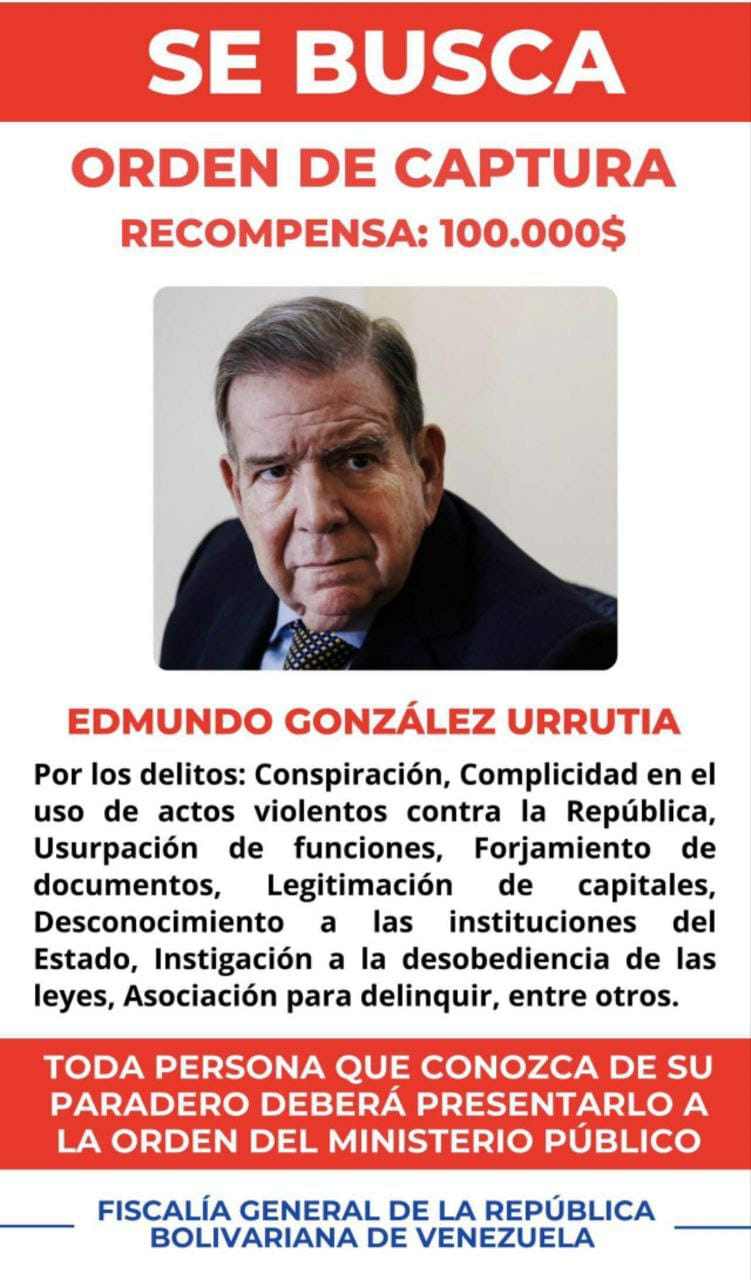 Gobierno de Venezuela ofrece recompensa por captura de Edmundo González Urrutia